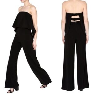 NWT DO+BE Black Strapless Overlay Front Ruffle Wide Leg Jumpsuit Black Size M